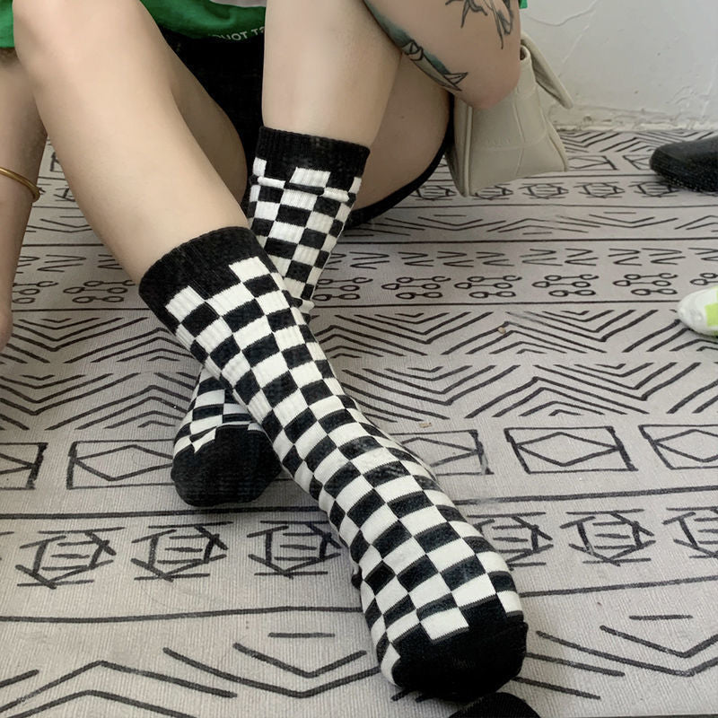 Trendy Checkered Unisex Crew Socks | Casual Breathable Cotton Socks