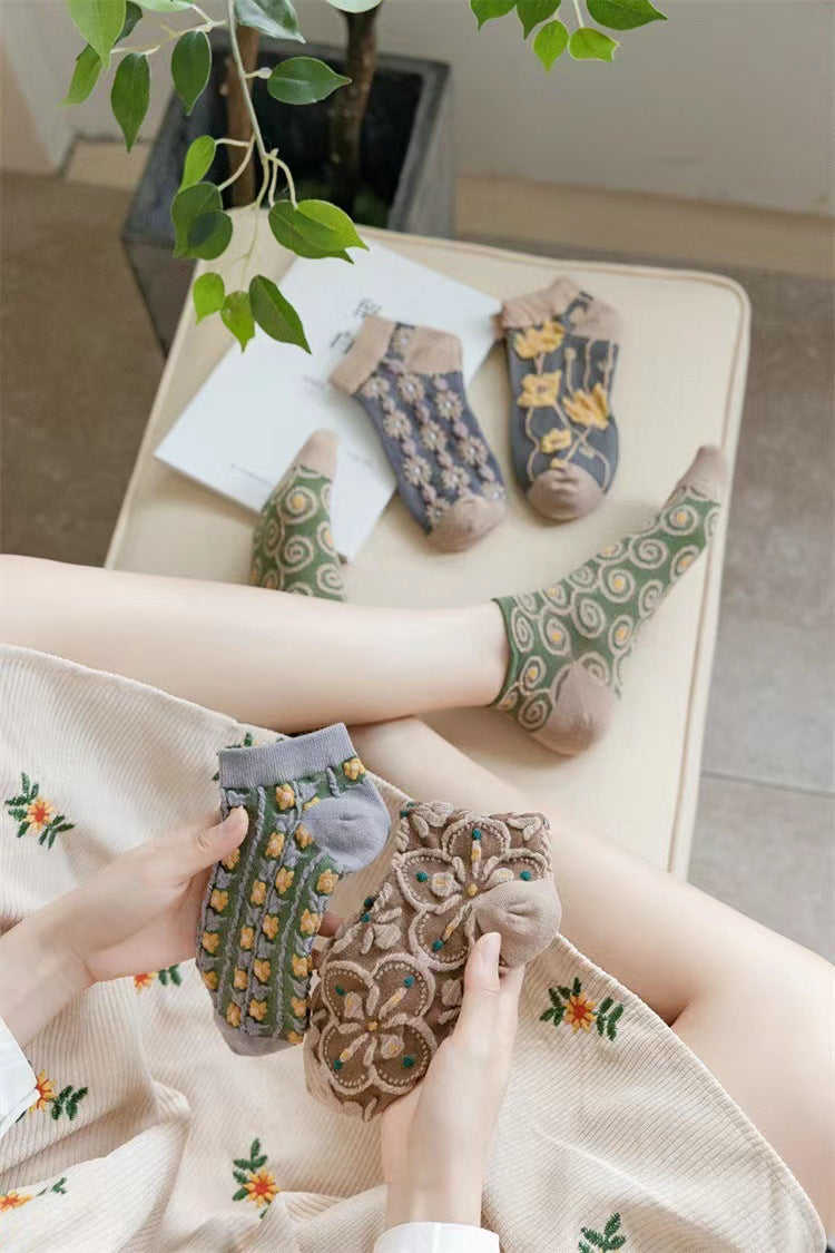 Vintage Floral Ankle Socks | Breathable Low Cut Socks for Women