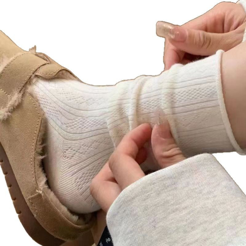 Retro Cream Roll-Top Crew Socks | Breathable Mesh Summer Socks for Women