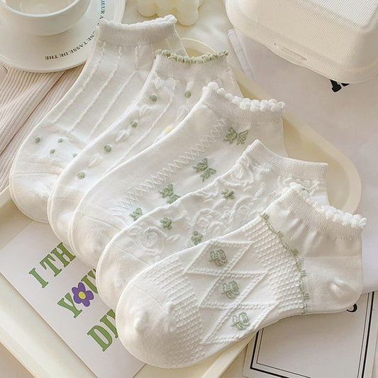 Cute Ruffled Ankle Socks for Women | Fresh White Green Cotton Socks