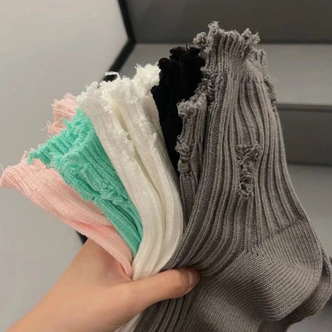 Distressed Ripped Crew Socks | Trendy Cotton Casual Everyday Socks