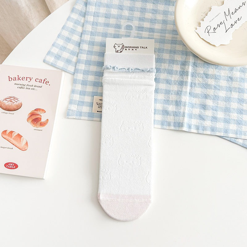 Cute Embroidered Cat Cotton Crew Socks for Women