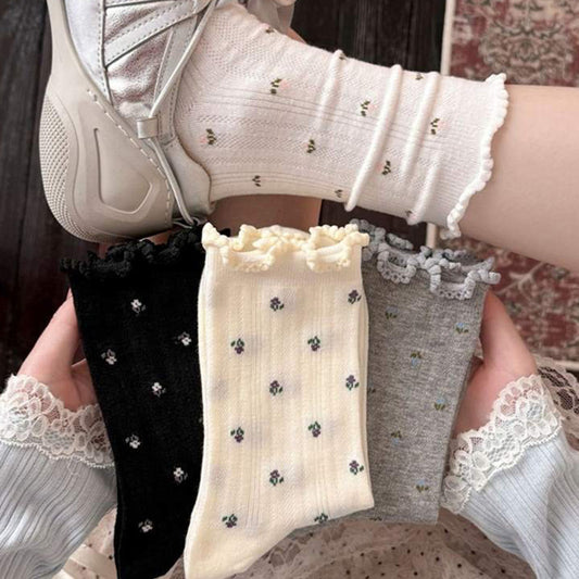 Floral Ruffle Crew Socks for Women | Thin Breathable Spring Socks