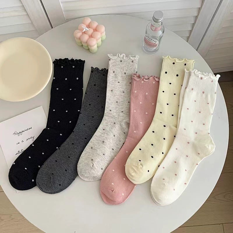 Ruffled Polka Dot Cotton Crew Socks for Women