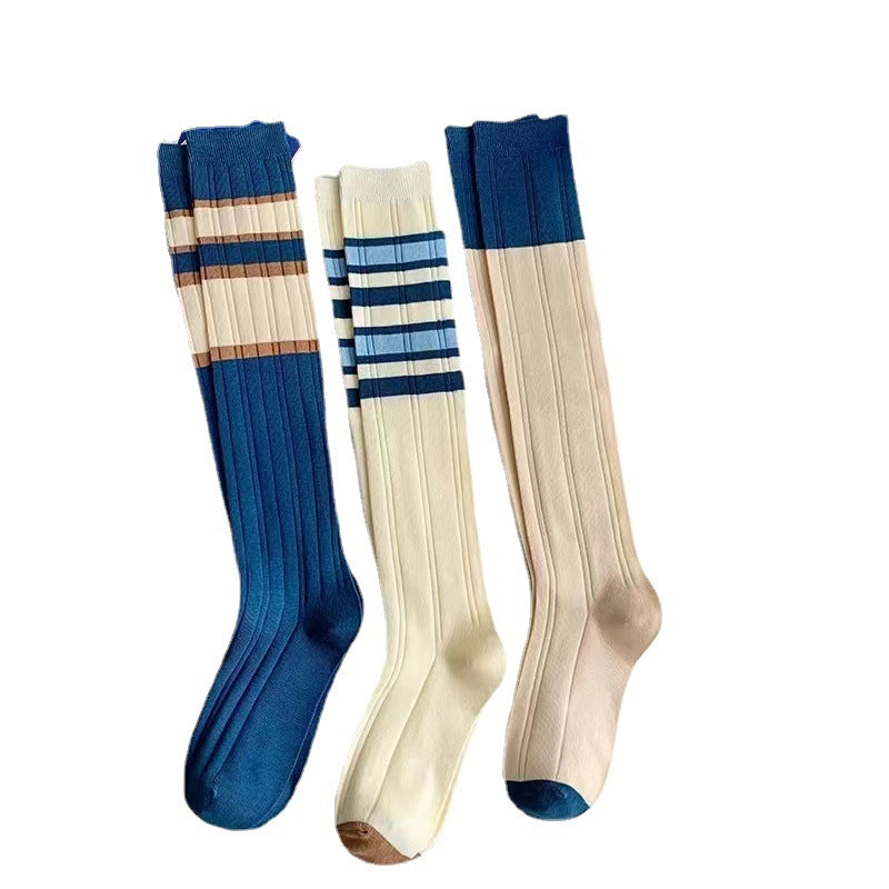 Blue Striped Calf High Socks | Preppy JK Style Women's Socks