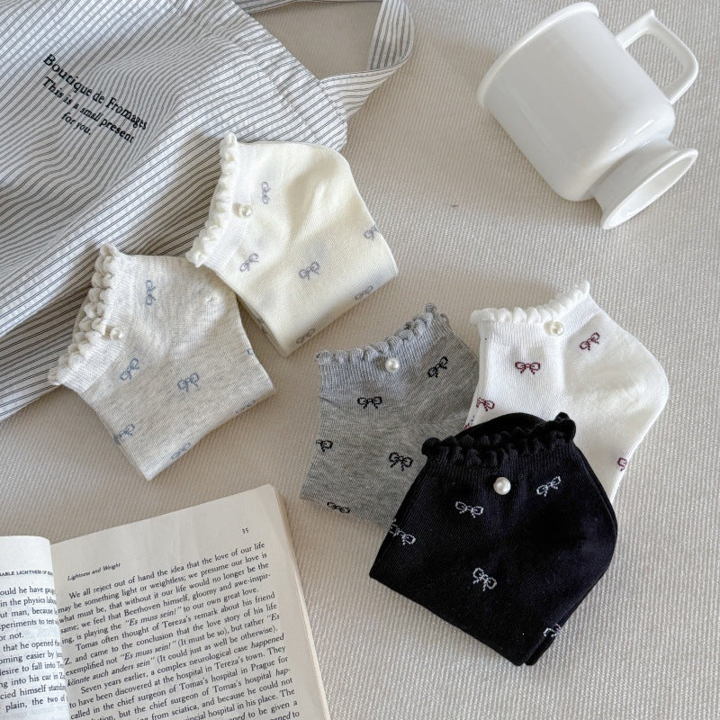 Bow Ruffle Ankle Socks for Women | Thin Summer Patterned Cotton Socks