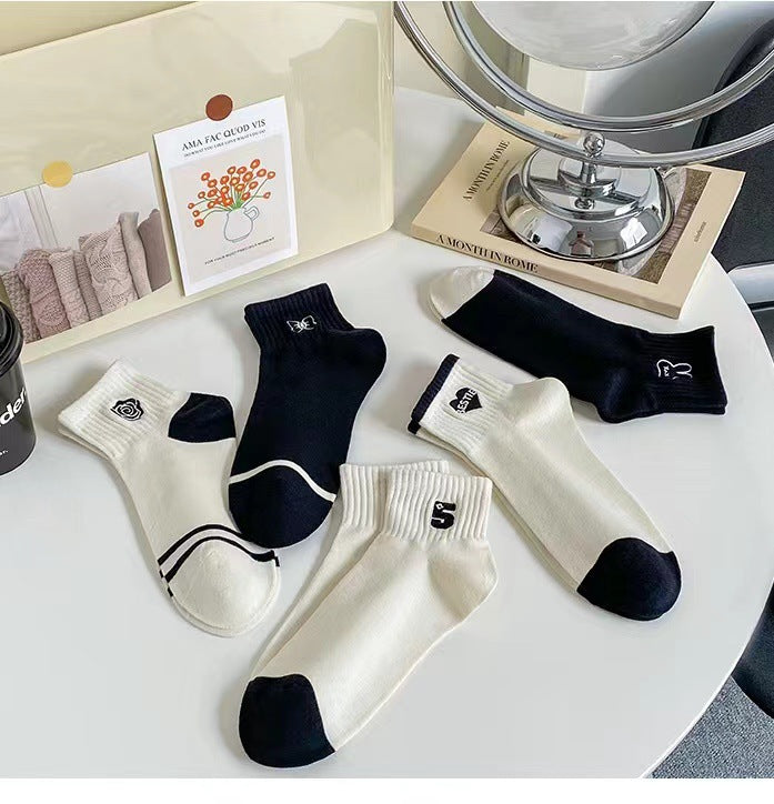 Embroidered Ankle Socks for Women | Black White Cotton Casual Socks