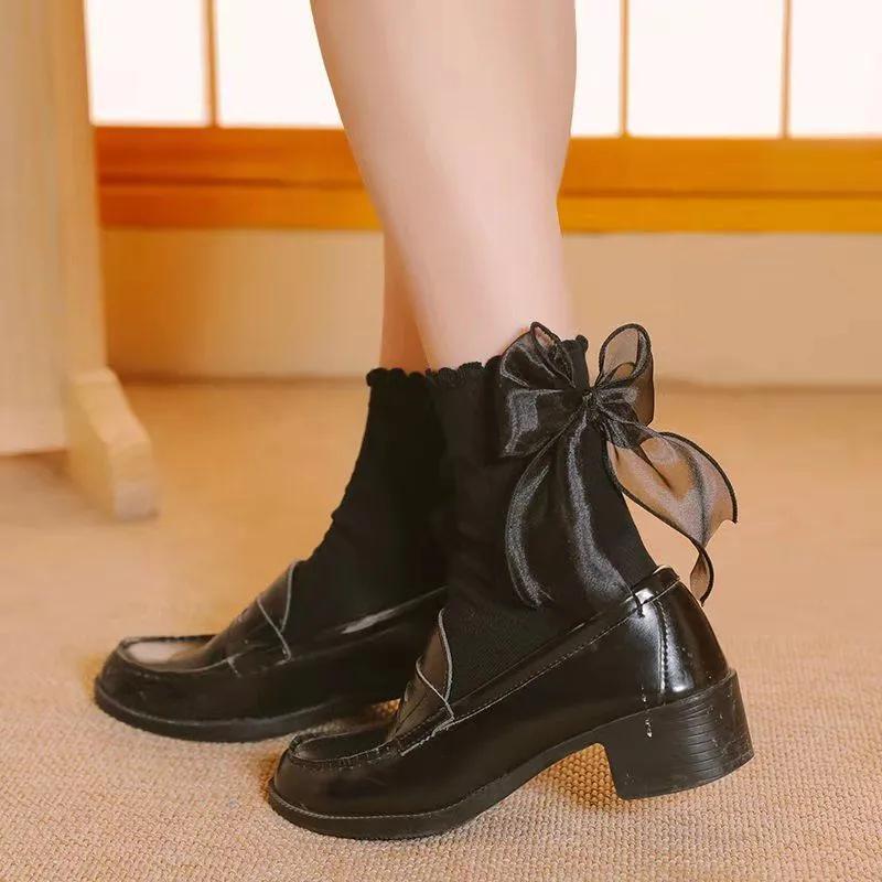 Sheer Bow Ruffle Crew Socks | Cute Lolita JK Socks for Women