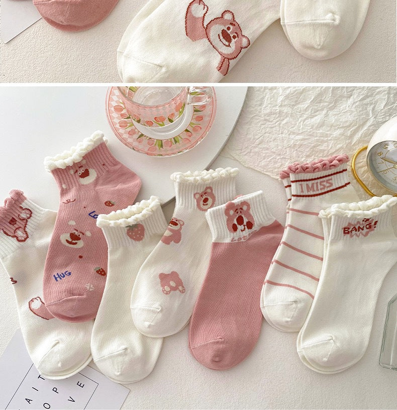 Cute Ruffled Ankle Socks for Women | Pink Strawberry Bear Cotton Socks