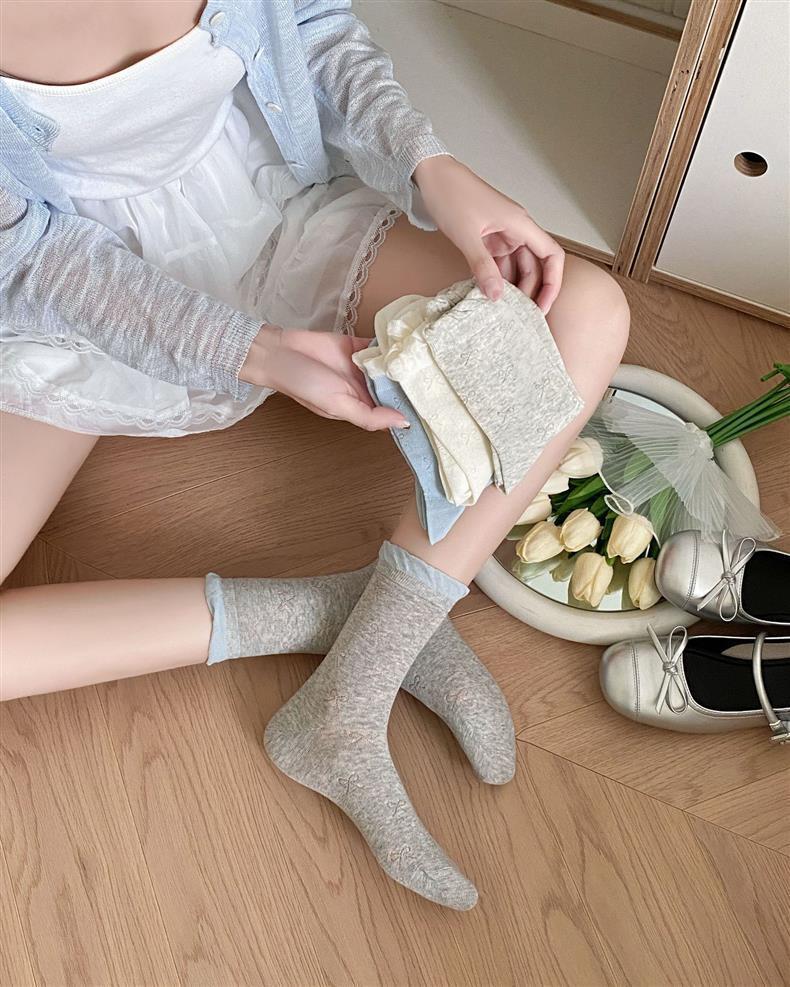 Ruffled Bow Cotton Crew Socks | Balletcore Socks for Women