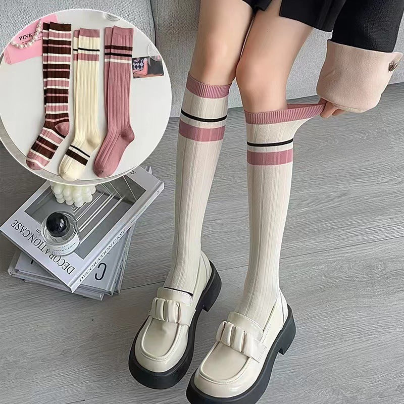 Pink Striped Knee High Socks | Women's Preppy Patterned Calf Socks