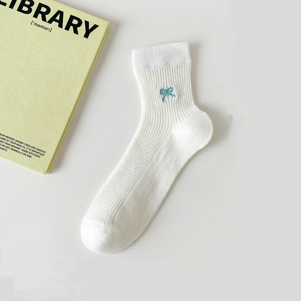 Bow Embroidered Women Ankle Socks | Breathable Cotton Mesh Summer Socks