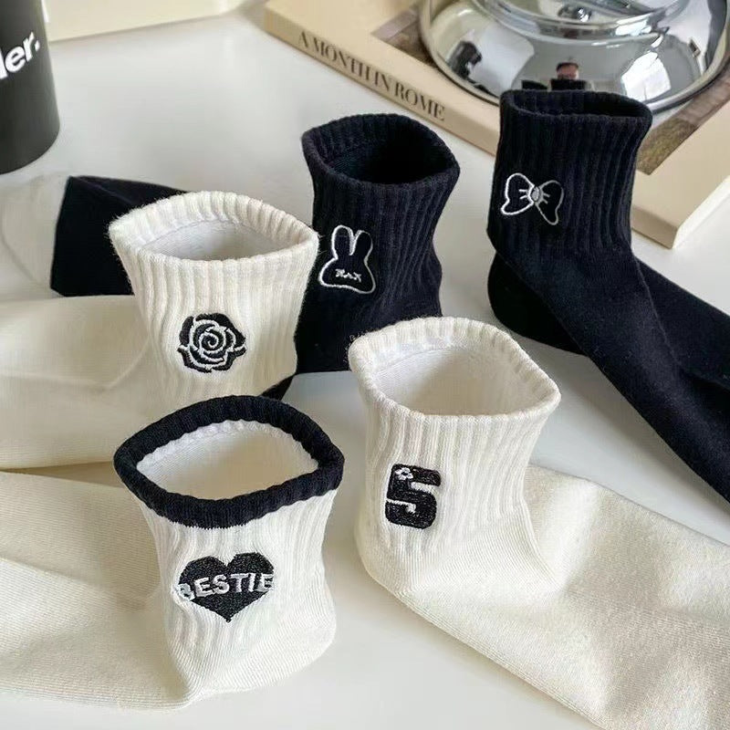 Embroidered Ankle Socks for Women | Black White Cotton Casual Socks