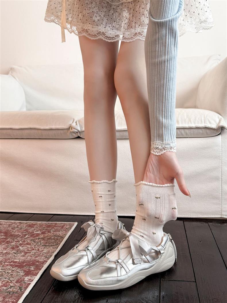Floral Ruffle Crew Socks for Women | Thin Breathable Spring Socks