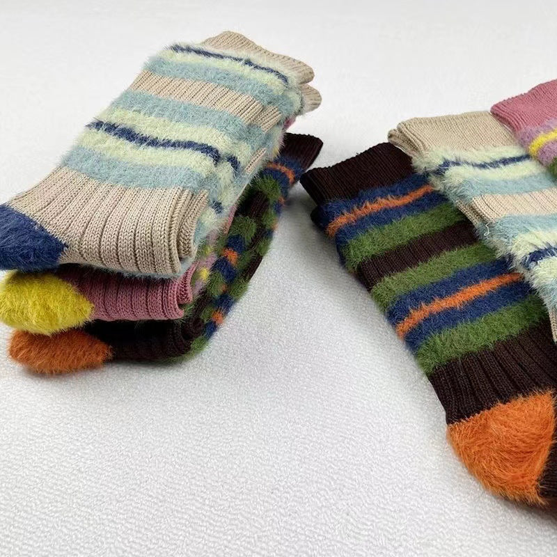 Women's Cozy Fuzzy Striped Crew Socks | Warm Winter Lounge Socks