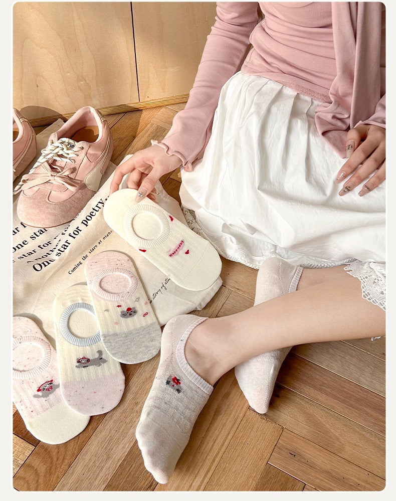 Cute Cotton No-Show Socks for Women | Non-Slip Cat Print