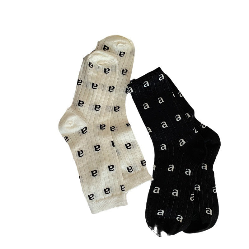 Thin Letter Print Cotton Crew Socks | Casual Socks for Women