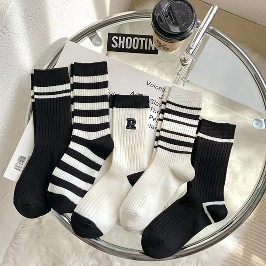 Breathable Striped Crew Socks for Women | Black White Trendy Casual Socks
