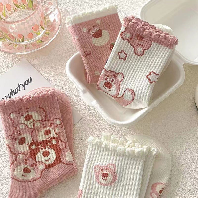 Cute Novelty Crew Socks for Women | Pink Cartoon Cotton Socks