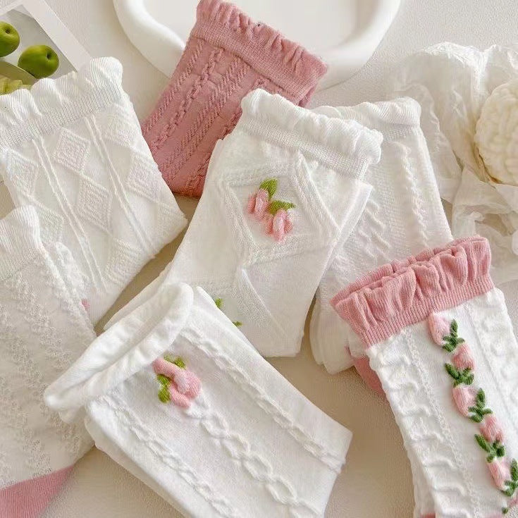 White Ruffle Floral Crew Socks for Women | Cotton JK Style
