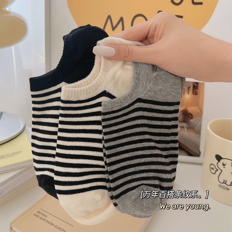 Striped No-Show Socks for Women | Non-Slip Invisible Cotton Socks