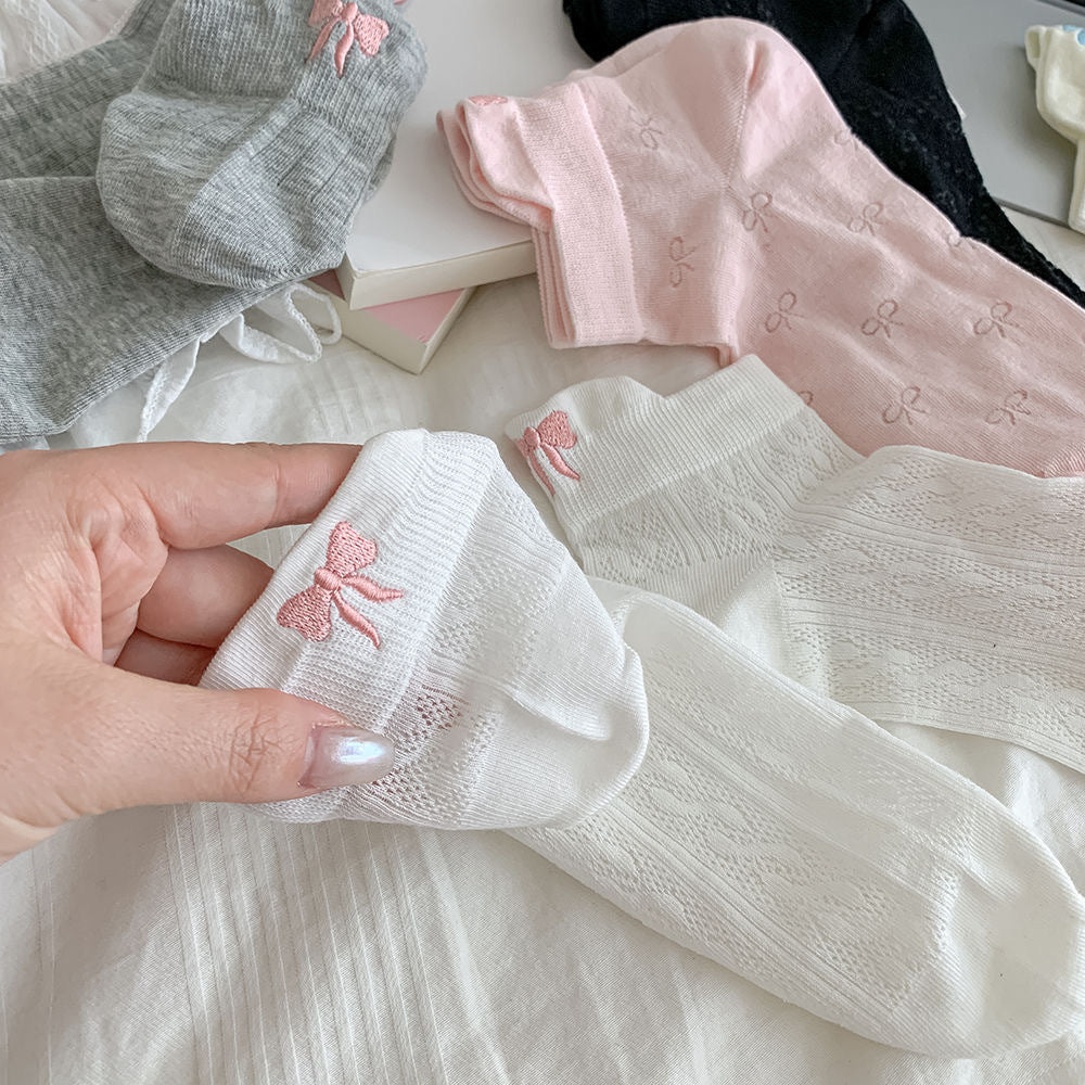 Bow Embroidered Ankle Socks for Women | Breathable Summer Mesh Socks