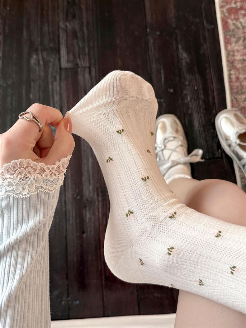 Floral Ruffle Crew Socks for Women | Thin Breathable Spring Socks
