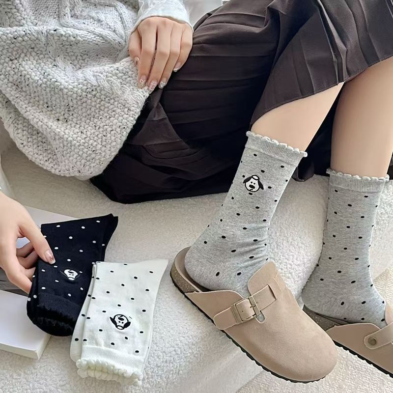 Cute Embroidered Dog Polka Dot Crew Socks for Women