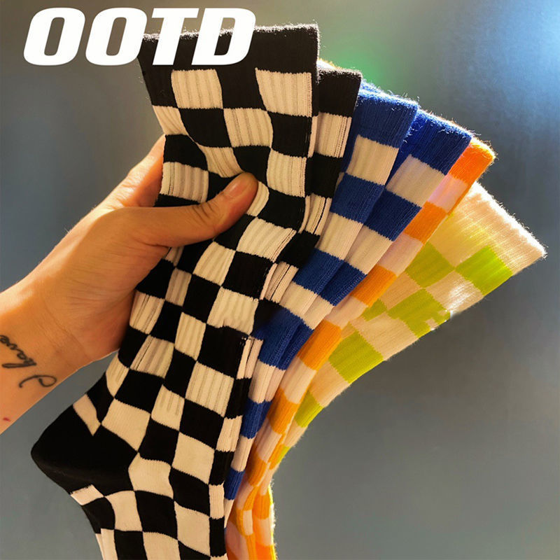 Trendy Checkered Unisex Crew Socks | Casual Breathable Cotton Socks