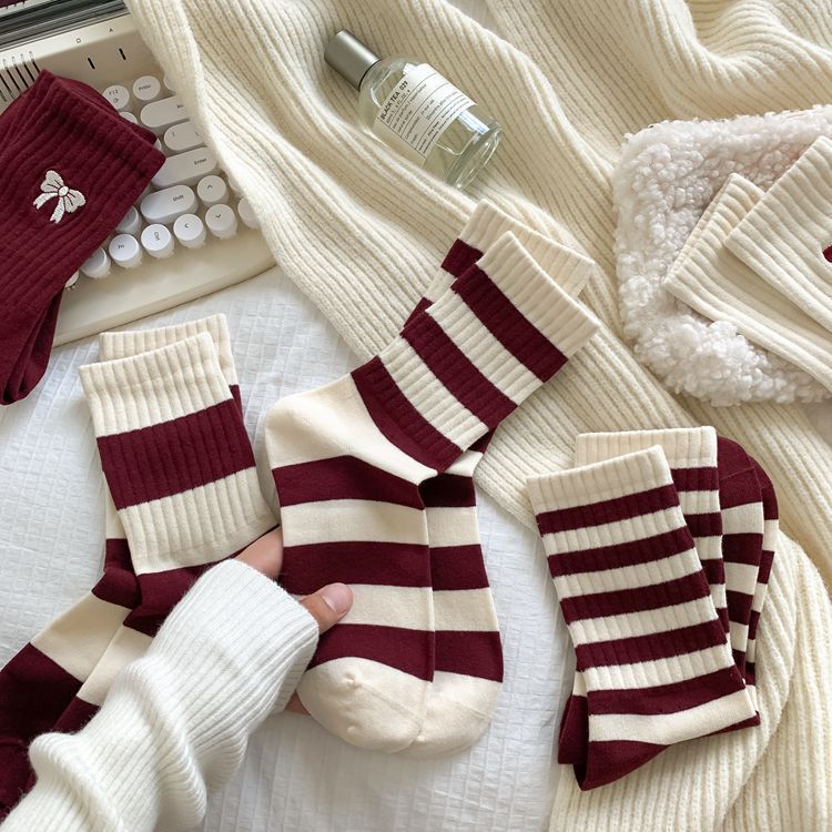 Cute Crew Socks for Women | Burgundy Casual Mid-Calf Socks