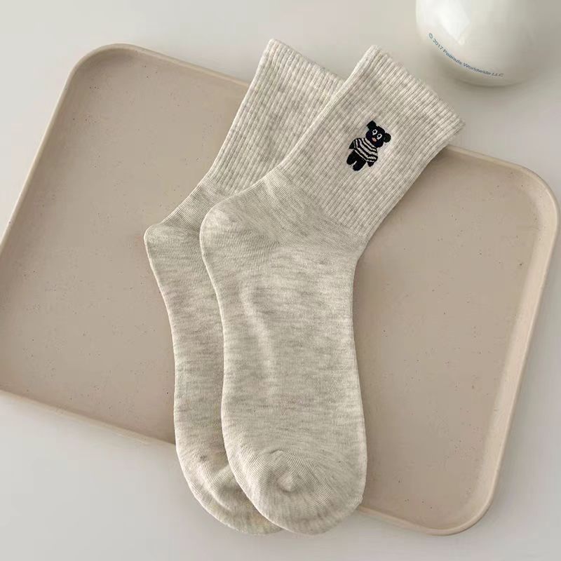 Cute Embroidered Striped Crew Socks for Women