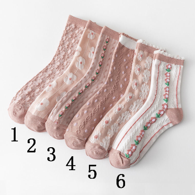 Women's Floral Pink Crew Socks | Cotton Textured Patterned Socks