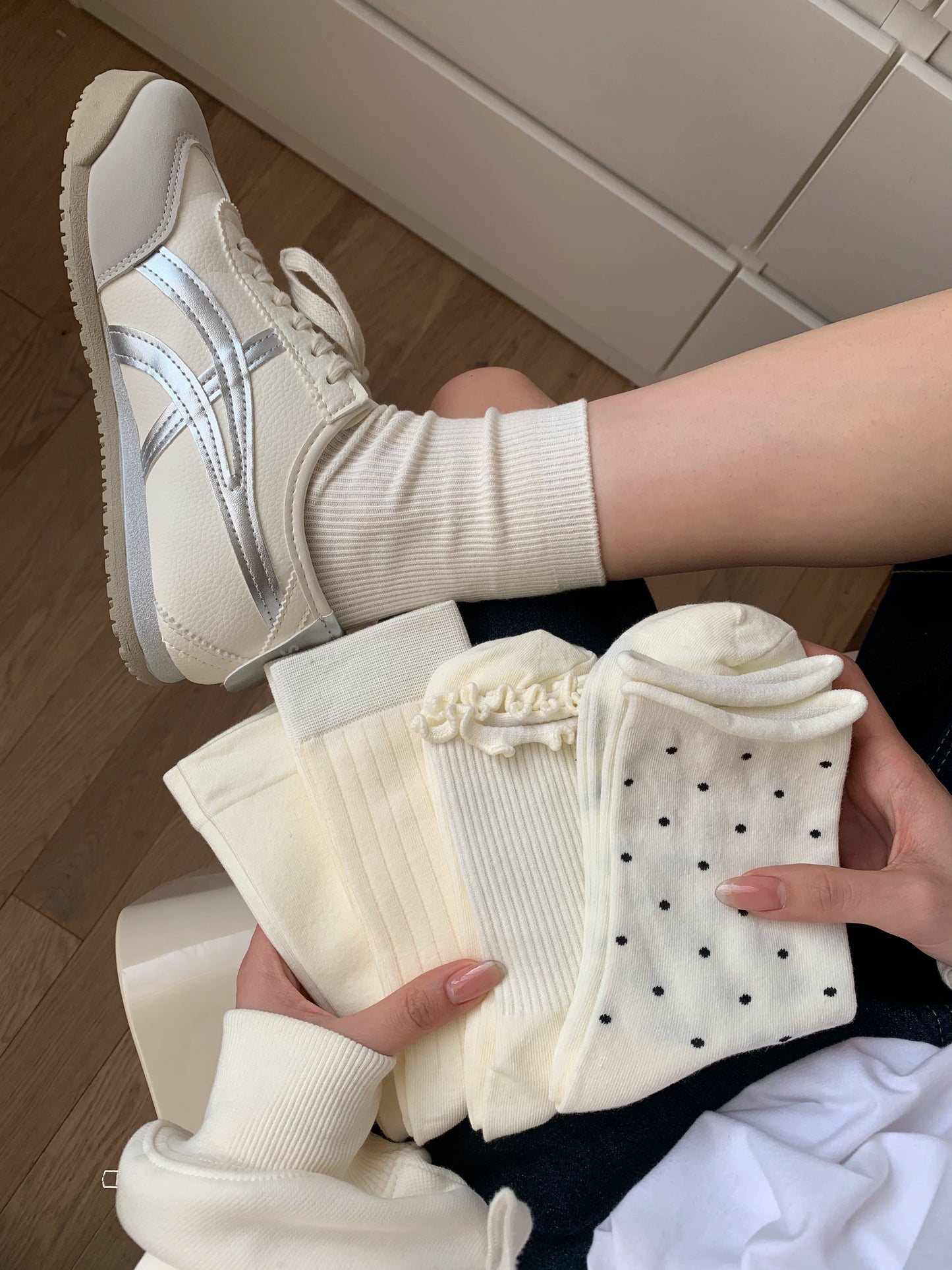 Cream Crew Socks for Women | Cotton Mid-Calf Casual Socks