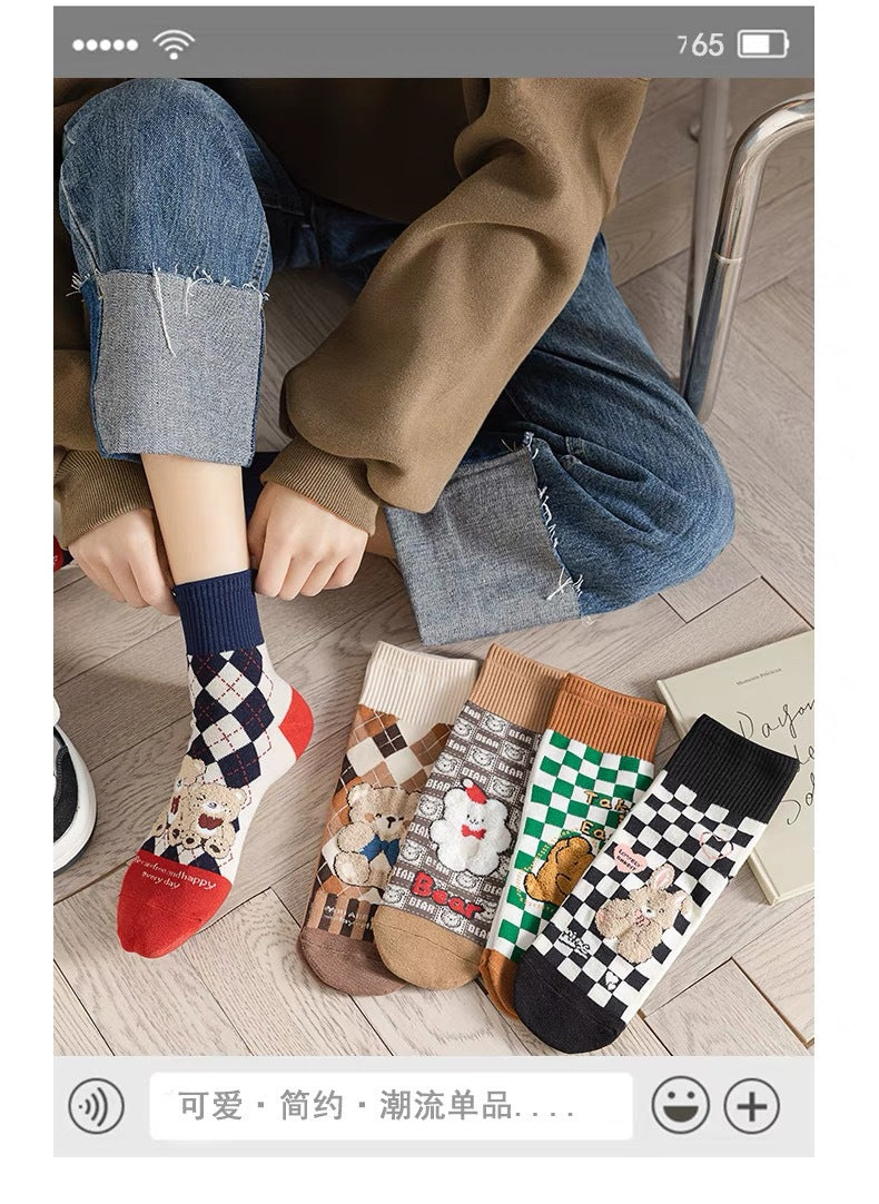 Cute Cotton Novelty Crew Socks | Checkered Bear Women's Socks