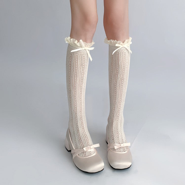 Lace Bow Ballet Crew Socks | Openwork Ruffle Socks for Women