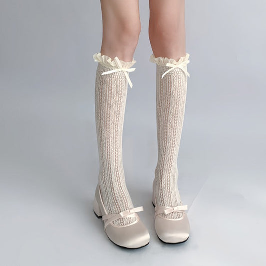 Lace Bow Ballet Crew Socks | Openwork Ruffle Socks for Women