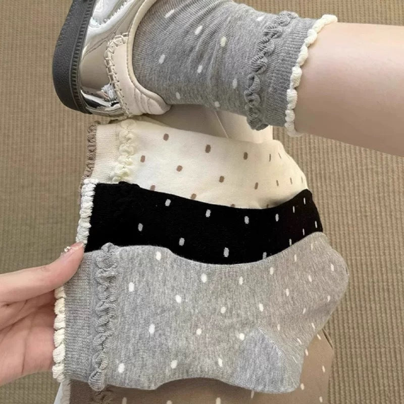 Polka Dot Cotton Crew Socks for Women | Ruffled Lace Trim
