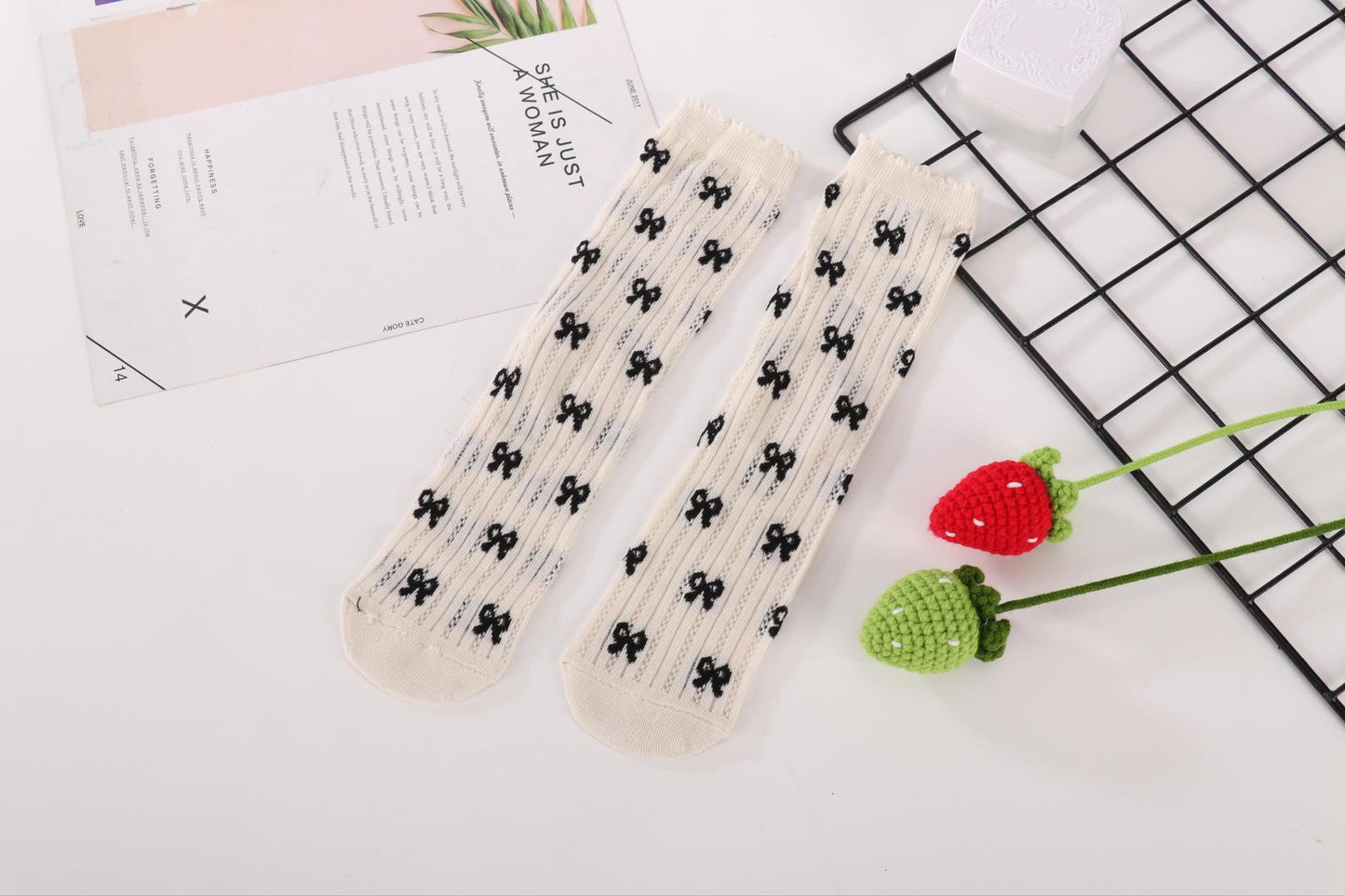 Cute Bow & Polka Dot Crew Socks | Breathable Mesh Summer Socks for Women