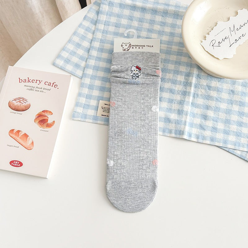 Cute Embroidered Cat Cotton Crew Socks for Women