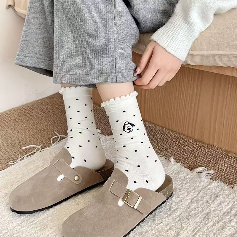 Cute Embroidered Dog Polka Dot Crew Socks for Women