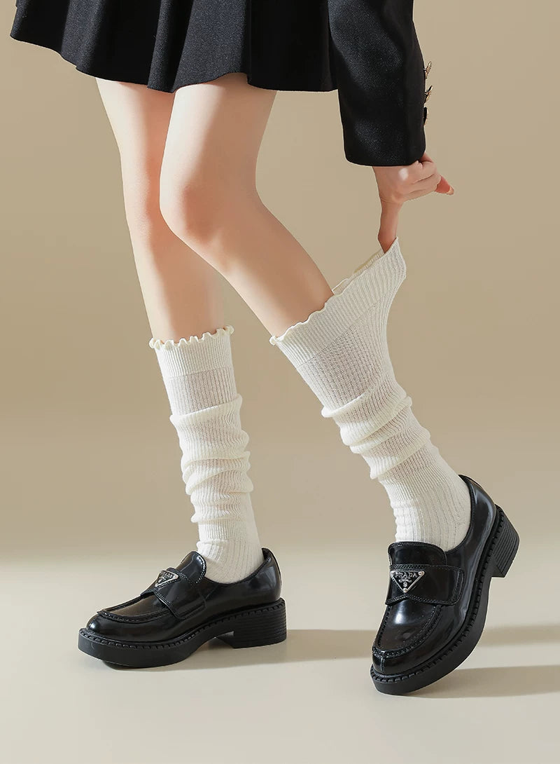 Ruffled Slouch Crew Socks | Women's Mid-Calf Cotton Socks