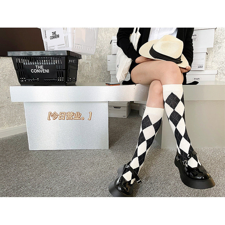 Argyle Patterned Calf Socks for Women | Preppy Cotton Socks