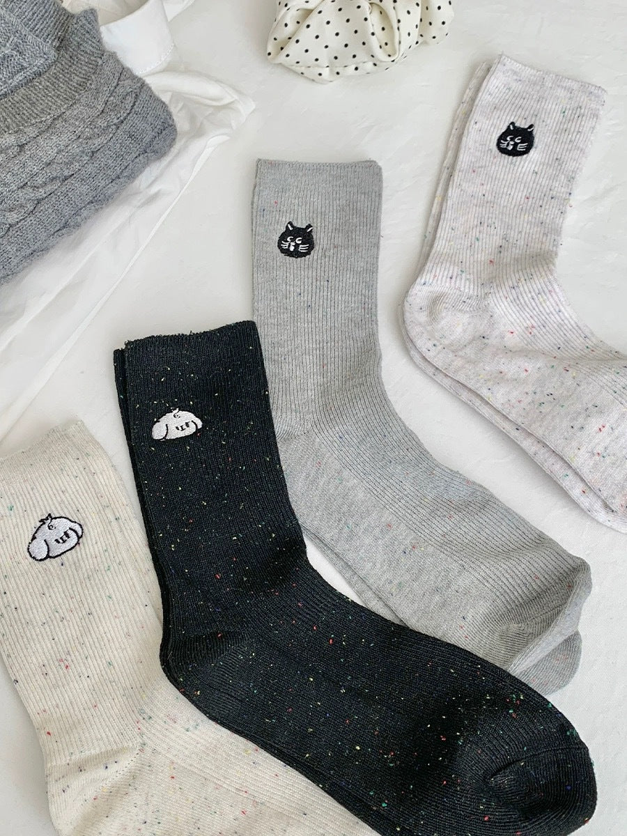 Speckled Embroidered Cotton Crew Socks for Women