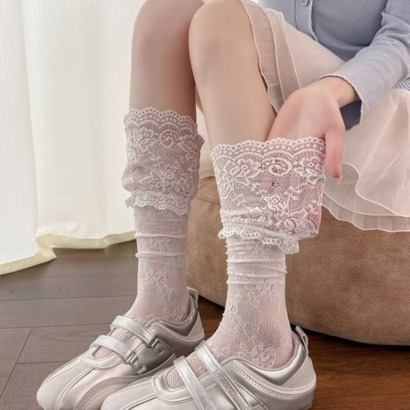 Lace Ruffle Mid Calf Socks | Sheer Kawaii Socks for Women