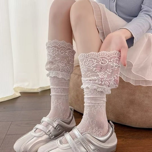 Lace Ruffle Mid Calf Socks | Sheer Kawaii Socks for Women