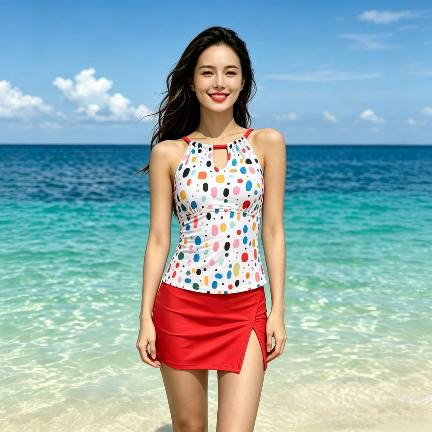 Polka Dot Halter Contrast Two-Piece Skirted Women's Swimwear