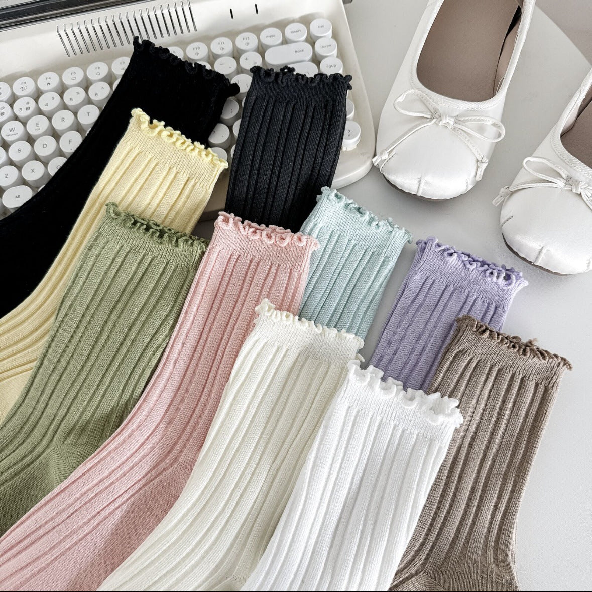 Ruffle Trim Solid Cotton Crew Socks for Women