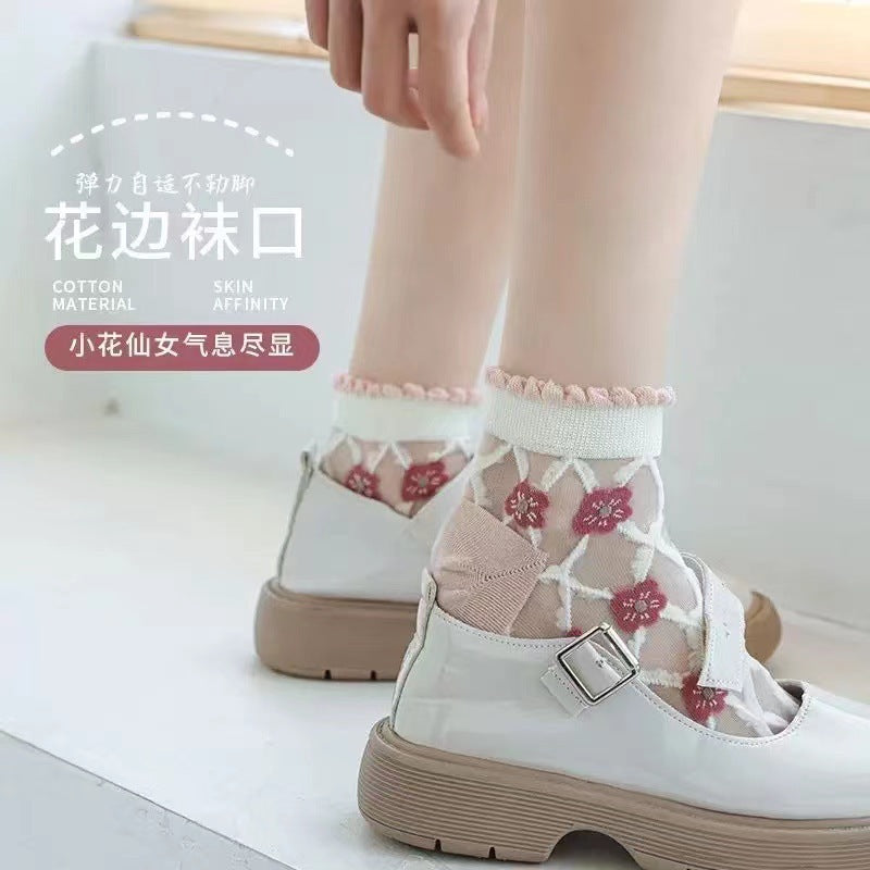 Sheer Floral Ankle Socks for Women | Breathable Thin Summer Socks