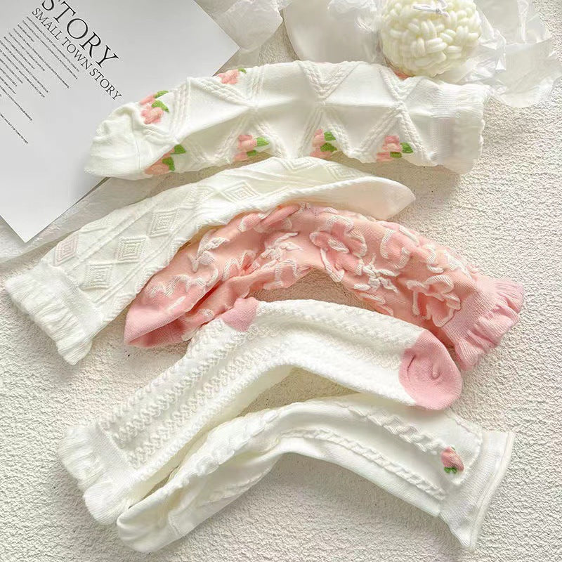 Women's Ruffled Floral Crew Socks | Thin Cotton Spring Summer Socks