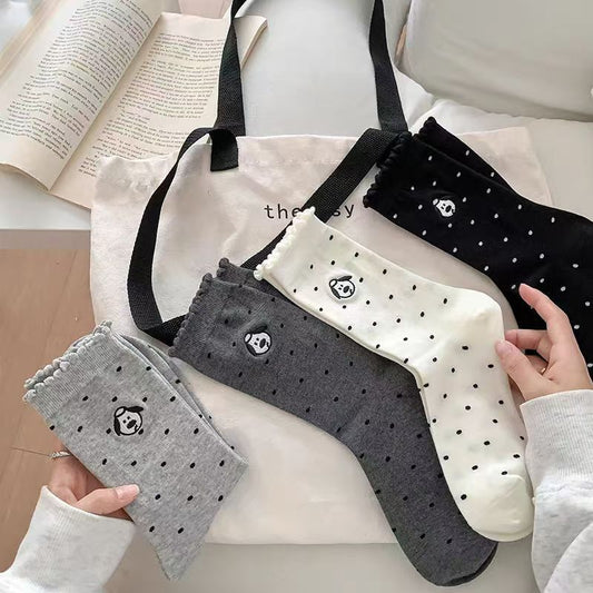 Cute Embroidered Dog Polka Dot Crew Socks for Women
